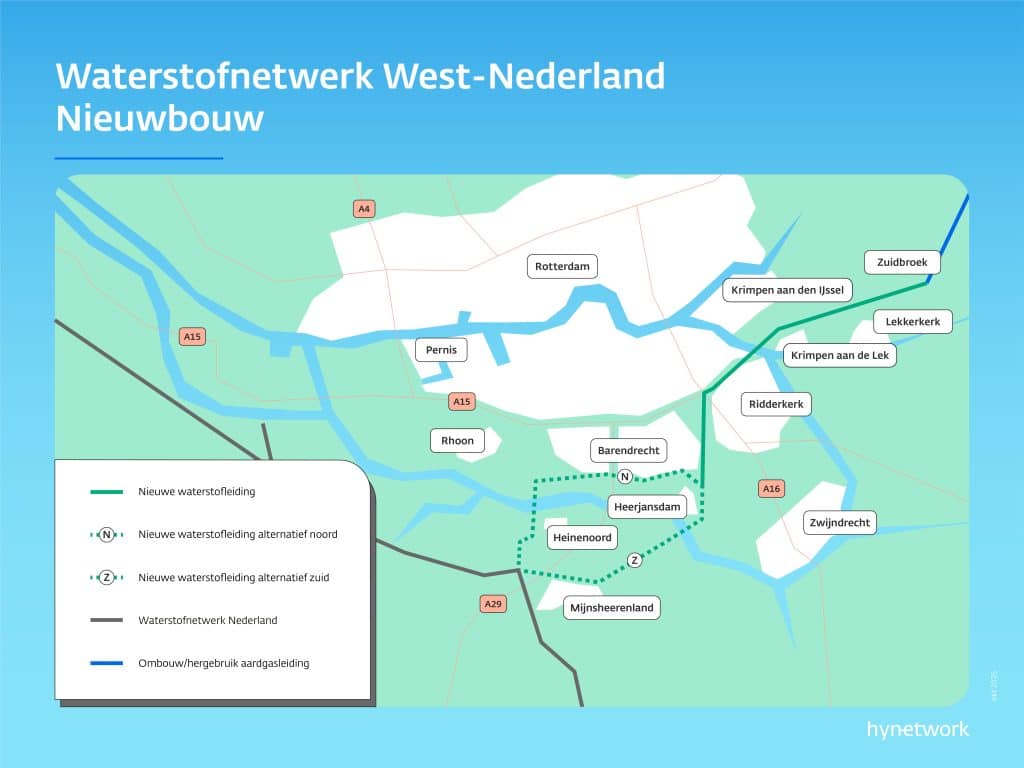 Kaart van het waterstofnetwerk in West-Nederland. De kaart laat nieuwe leidingen, mogelijke alternatieve routes en bestaande aardgasleidingen zien.