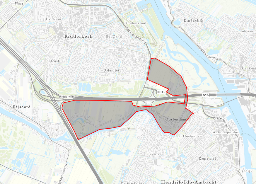 Kaart waarop het gebied waarop brieven worden bezorgd zichtbaar is gemaakt met een rode lijn. 