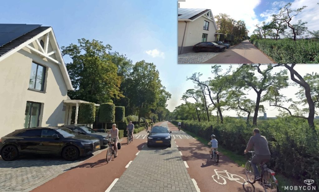 Tekening van de nieuwe inrichting van de Noldijk in Ridderkerk met een verkeersplateau, fietsstroken en parkeerplaatsen.