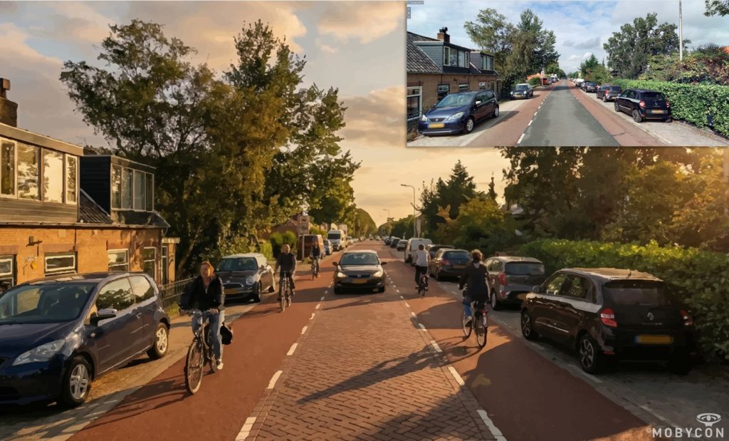 Beeld van de Rijksstraatweg met een veilige straat en ruimte voor fietsers en auto’s.