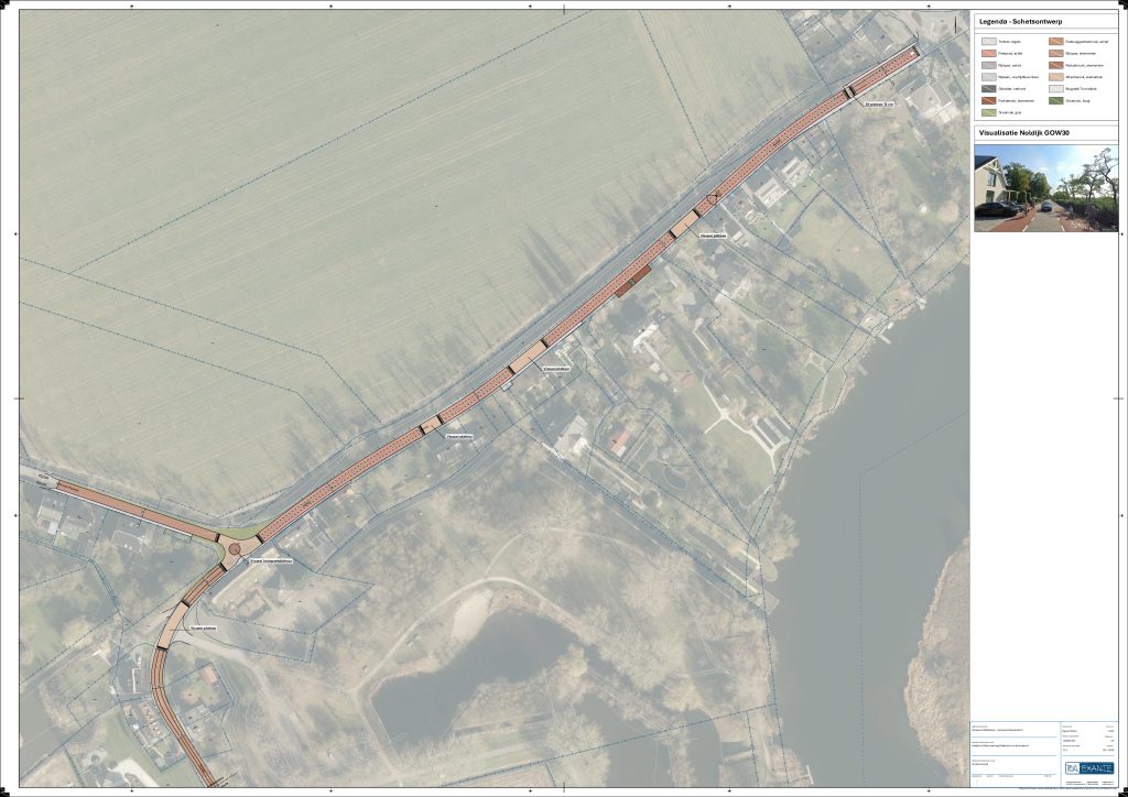 Kaart van de Noldijk in Ridderkerk (huisnummers 3 tot en met 45). Op de kaart staan de geplande aanpassingen aan de weg, zoals nieuwe verkeersplateaus en veranderingen in de inrichting van de straat.