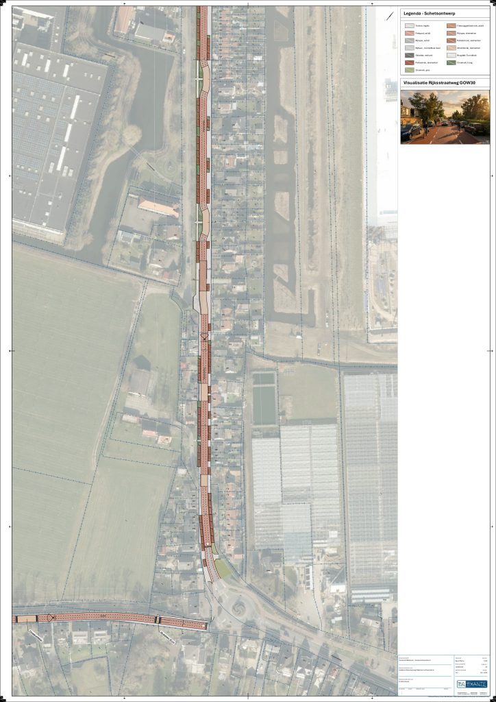 Kaart van Rijksstraatweg 166–262 in Ridderkerk met het nieuwe wegontwerp en de geplande aanpassingen zoals verkeersplateaus en fietspaden.