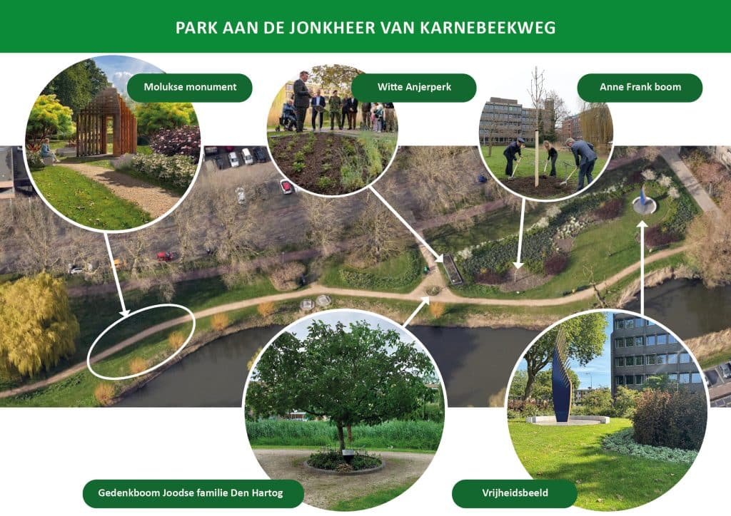 Vergroot afbeelding: de afbeelding toont een plattegrond van het park aan de Jhr. Van Karnebeekweg met daarop de locaties van de verschillende monumenten.