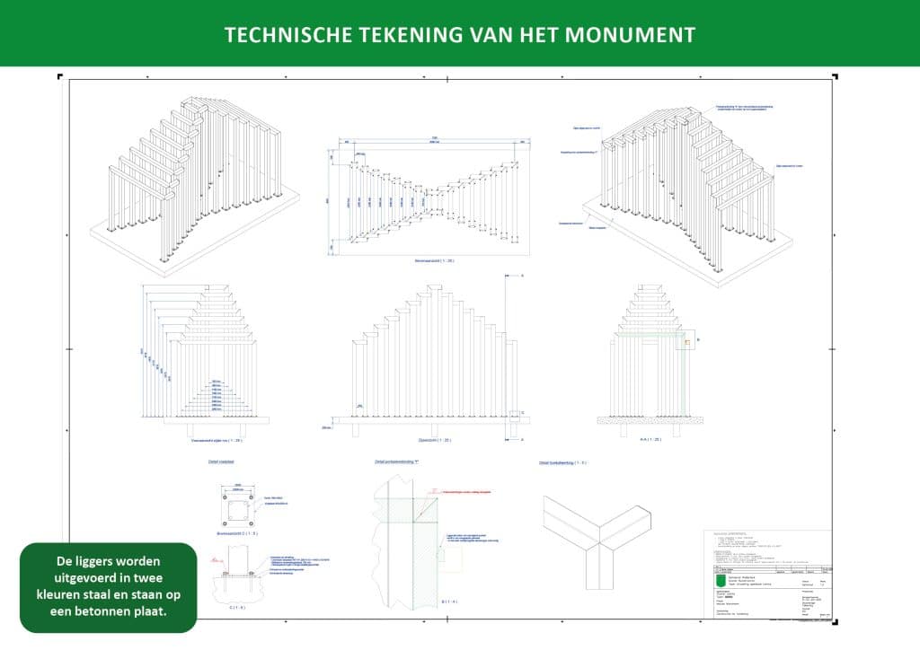 Vergroot afbeelding: een technische tekening van het Moluks monument. 